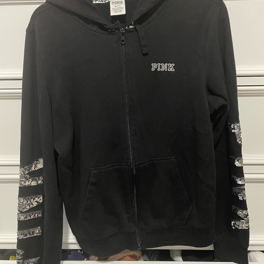 PINK Victoria's Secret Black Hoodie with Gray Glitter Pink